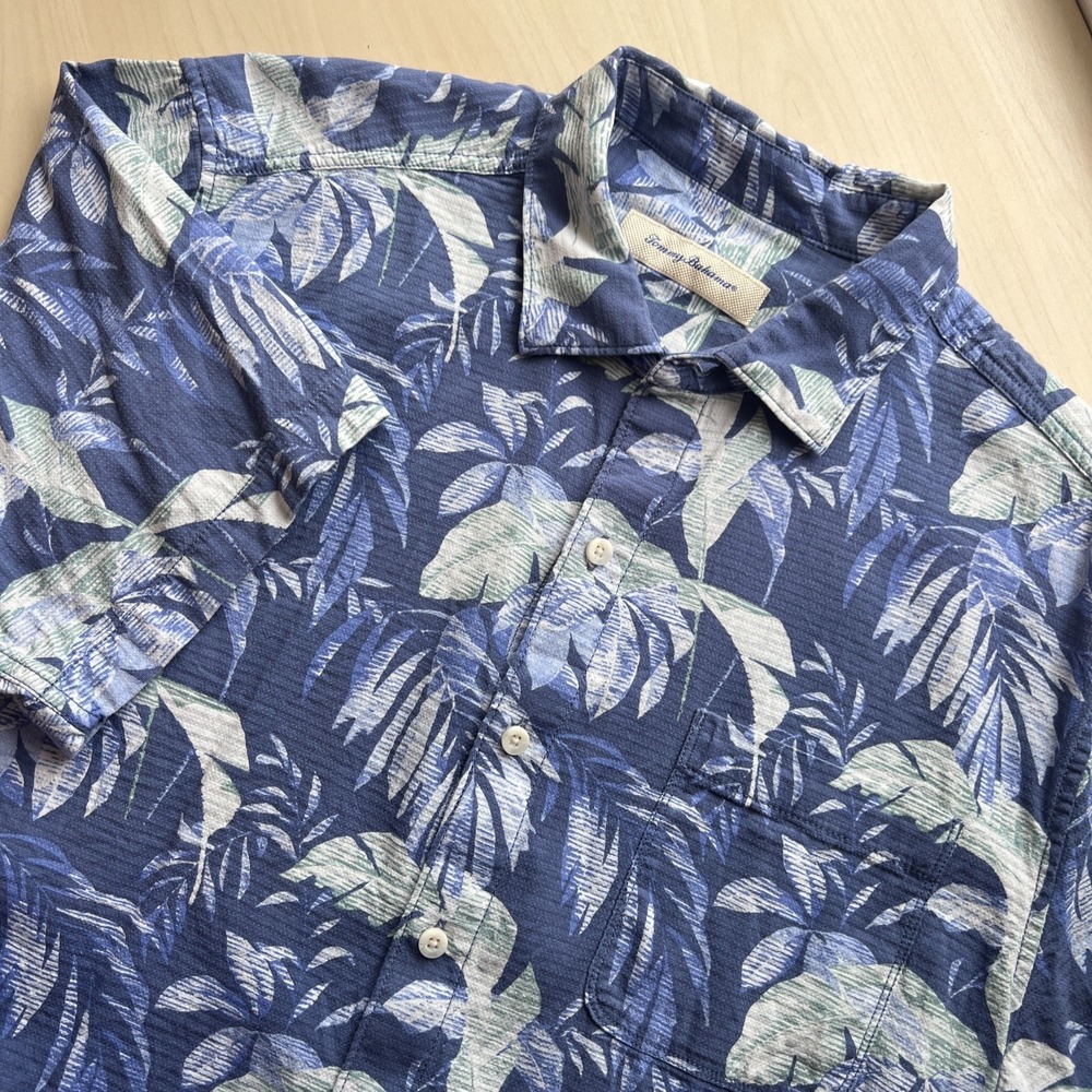 Tommy Bahama Polo Shirt Mens Large Blue Floral Hawaiian Tree Cotton Blend